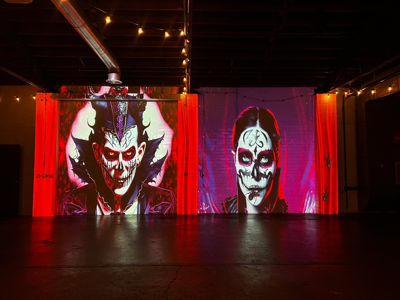 Halloween character visuals across an interior wall