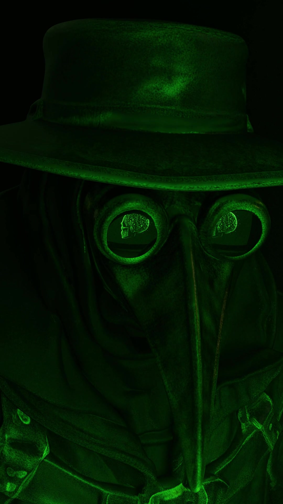 Green-lit plague doctor mask from The Surgeon teaser
